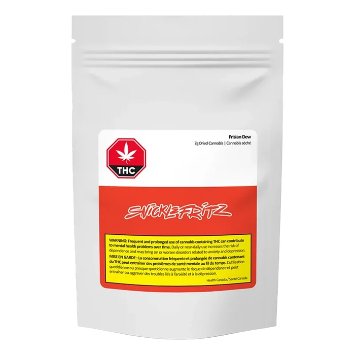 Center-front shot of the white pouch with a red label reading "Snicklefritz" and the product name Frisian Dew printed at top.