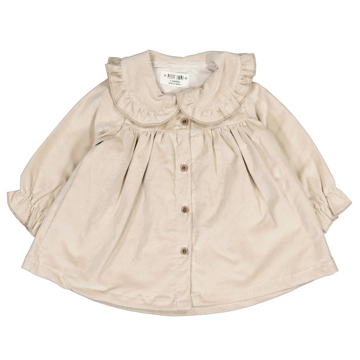 A beige long-sleeve baby dress with a ruffled Peter Pan collar and front button closure, laid flat on a white background.