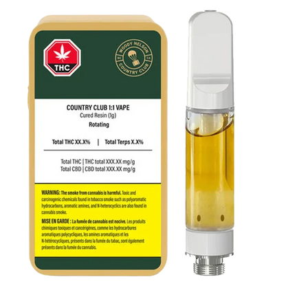 Front-facing shot of the 1:1 Vape Cartridge next to its Woody Nelson Country Club labeled 1 g carton, both shown on a white background.