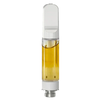 Vertical close-up of a clear 1:1 Vape Cartridge showing amber oil inside and a white mouthpiece against a white background