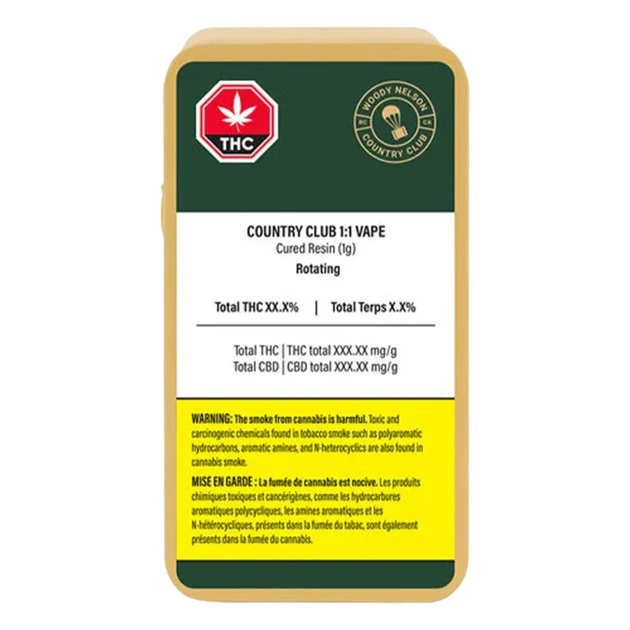 Front-facing label shot of the Country Club 1:1 Vape cartridge packaging with green header, white info panel and yellow warning block.