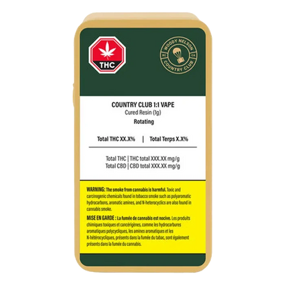 Front-facing label shot of the Country Club 1:1 Vape cartridge packaging with green header, white info panel and yellow warning block.