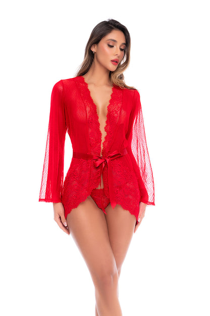 Sheer dotted mesh and lace robe with a satin tie waist, paired with a matching thong. Light and elegant with a soft, romantic feel.