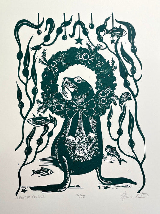 “A Festive Friend" Original Linocut Print by Olive Roberts