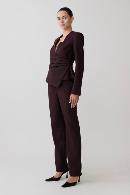 Agatha Straight Leg Suiting Pants - Plum Pinstripe