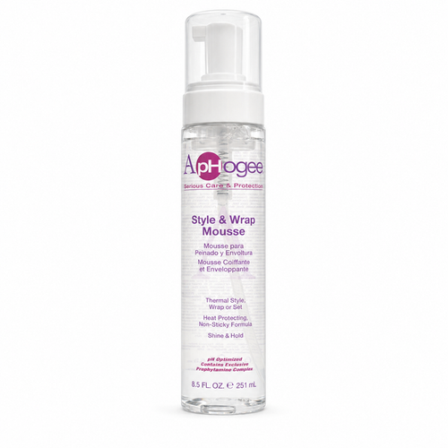ApHogee Style & Wrap Mousse 8.5oz / 251ml in a clear pump bottle with a white foaming dispenser, displayed on a clean white background. Lightweight styling mousse for wrap sets, thermal styling and wet sets that provides heat protection, non-sticky hold and enhanced shine.