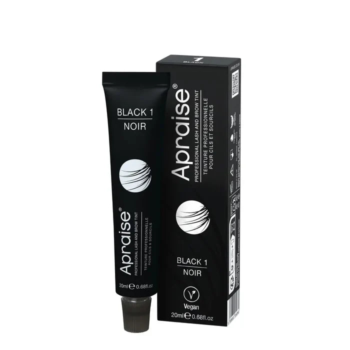 Apraise Professional Lash and Brow Tint Black 1, 20ml vegan eyebrow and eyelash tint tube with matching retail box for rich, long-lasting black lash and brow colour.