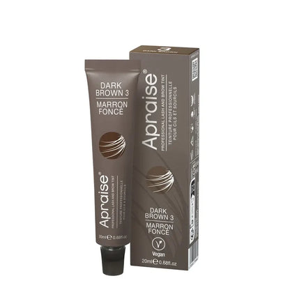 Apraise Professional Lash and Brow Tint Dark Brown 3, 20ml vegan eyebrow and eyelash tint tube with matching retail box for natural-looking, long-lasting dark brown brows and lashes.