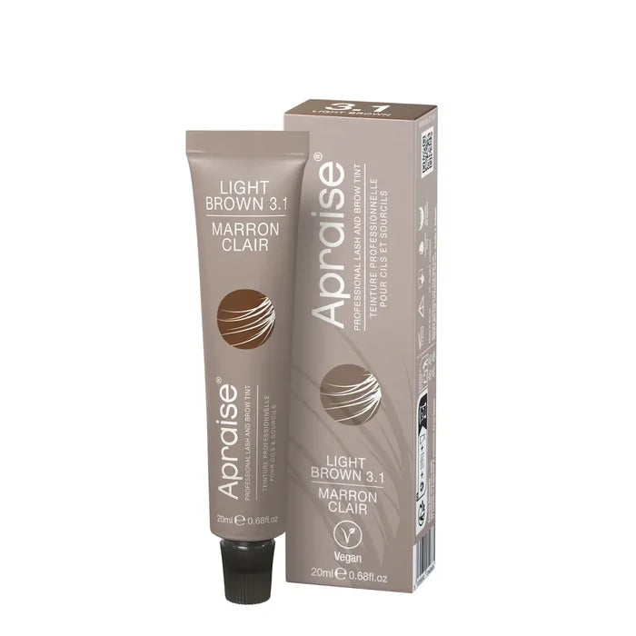 Aprise Professional Lash and Brow Tint Light Brown 3.1, 20ml vegan eyebrow and eyelash tint tube with matching retail box for long-lasting professional brow and lash colouring.