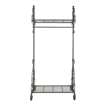 Arlette Coat Rack Rail: A vintage silver metal rack with decorative side scrolls, featuring one top and one bottom iron wire shelf.
