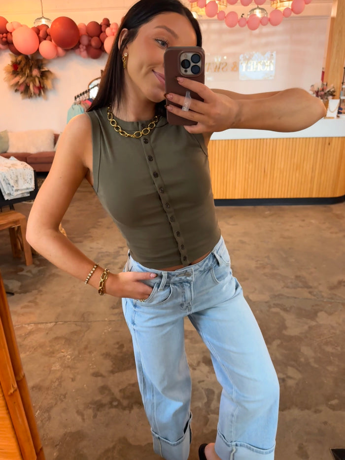 Army Green Button-Up Tank Top