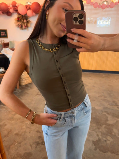 Army Green Button-Up Tank Top