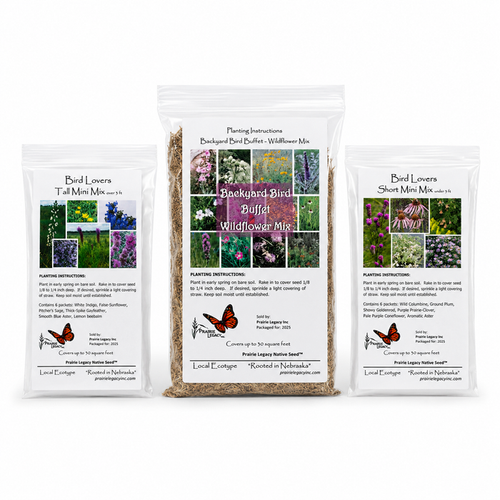 Three bags of bird seed with labels on a white background