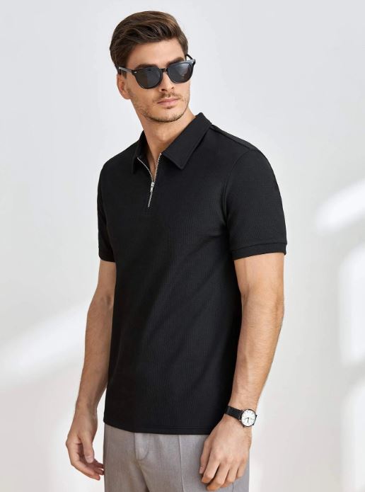 BLACK MEN SOLID QUARTER ZIP POLO SHIRT
