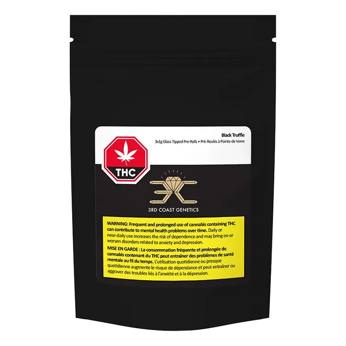 Front-facing shot of the Black Truffle Glass Tip PR 3 x 1 g matte black resealable pouch with a white label, red THC emblem, and yellow warning box.