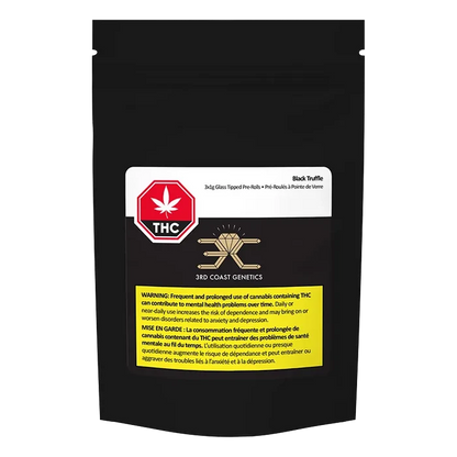 Front-facing shot of the Black Truffle Glass Tip PR 3 x 1 g matte black resealable pouch with a white label, red THC emblem, and yellow warning box.