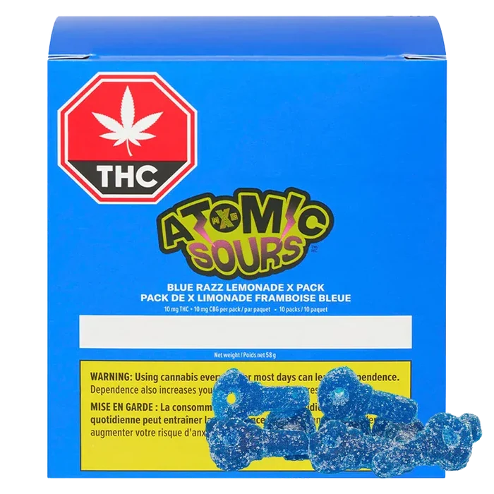 Front-facing box of Blue Razz Lemonade Gummies showing a bright blue Atomic Sours pack with a THC symbol and gummies.