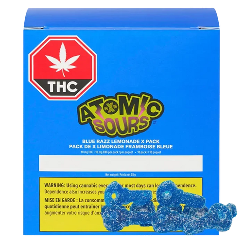 Front-facing box of Blue Razz Lemonade Gummies showing a bright blue Atomic Sours pack with a THC symbol and gummies.