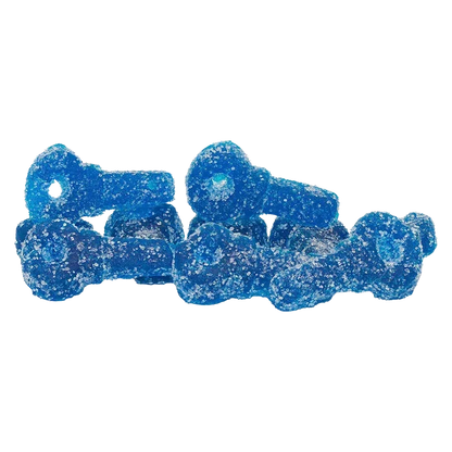 Close-up of bright sugar-coated Blue Razz Lemonade Gummies piled on a white background, showing granular texture and blue hues.