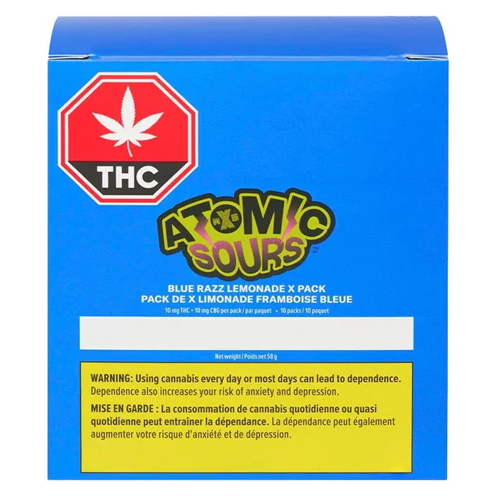 Front-facing shot of the bright blue packaging for Blue Razz Lemonade Gummies with a bold red THC symbol and warning block.