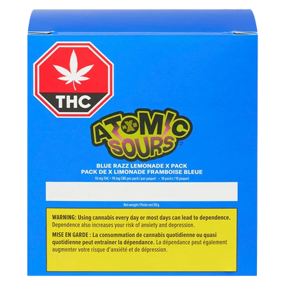 Front-facing shot of the bright blue packaging for Blue Razz Lemonade Gummies with a bold red THC symbol and warning block.