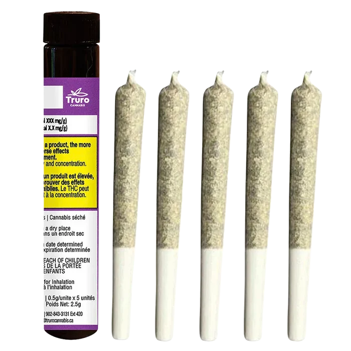 Right-side view of five rolled joints standing upright next to a purple-labeled tube of Caps Junky PR 5 x 0.5 g.