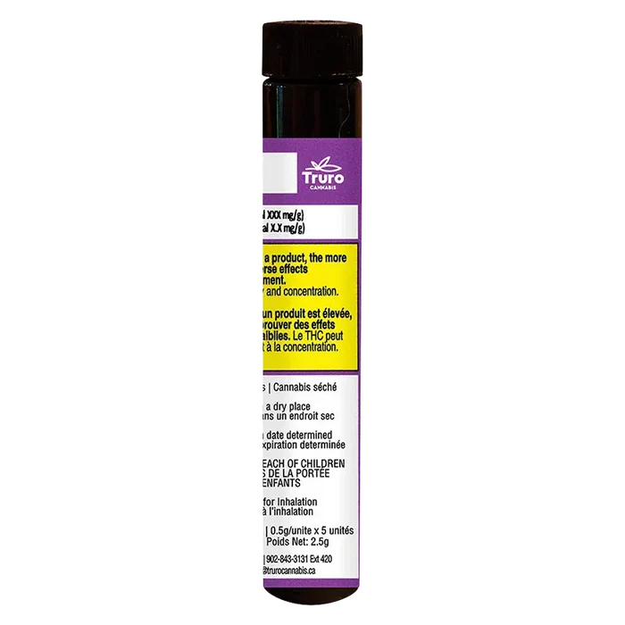 Tall front view of a labeled tube showing the Caps Junky PR 5 x 0.5 g with purple top, warning panel and white text column.