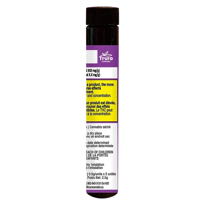 Tall front view of a labeled tube showing the Caps Junky PR 5 x 0.5 g with purple top, warning panel and white text column.