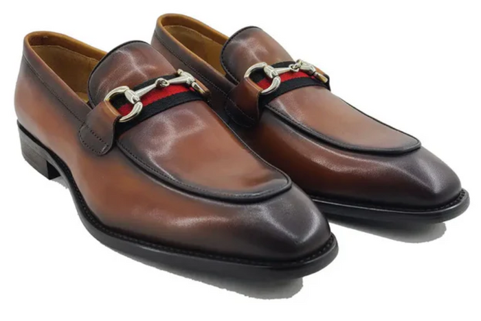 Carrucci Men's Chestnut Burnished Calfskin Horsebit Loafer Dress Shoes