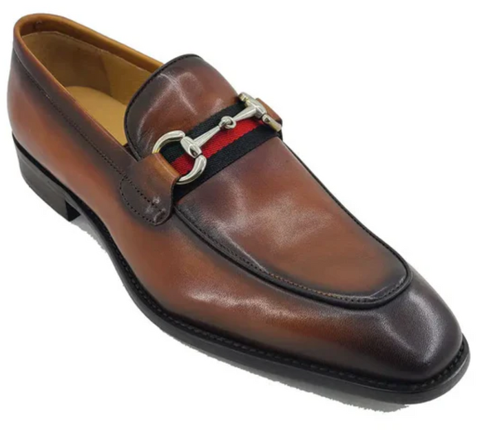 Carrucci Men's Chestnut Burnished Calfskin Horsebit Loafer Dress Shoes