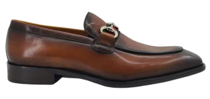 Carrucci Men's Chestnut Burnished Calfskin Horsebit Loafer Dress Shoes