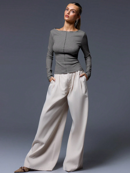 CASUAL RIBBED SLASH NECK LONG SLEEVE TOP & BOTTOM