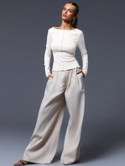 CASUAL RIBBED SLASH NECK LONG SLEEVE TOP & BOTTOM