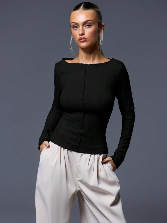 CASUAL RIBBED SLASH NECK LONG SLEEVE TOP & BOTTOM
