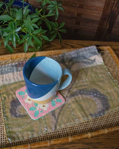 Coaster, Bisque, Beaded Flower Pattern Pink