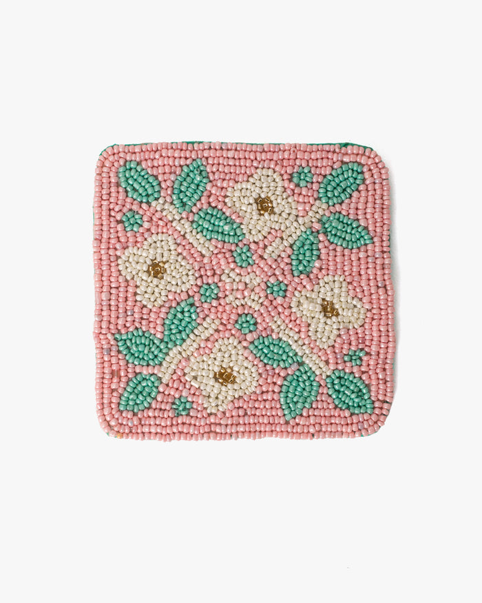 Coaster, Bisque, Beaded Flower Pattern Pink