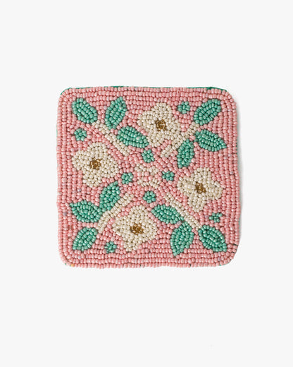 Coaster, Bisque, Beaded Flower Pattern Pink