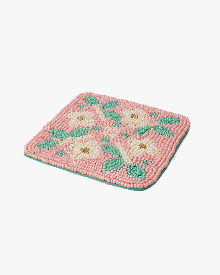 Coaster, Bisque, Beaded Flower Pattern Pink