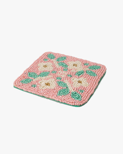Coaster, Bisque, Beaded Flower Pattern Pink