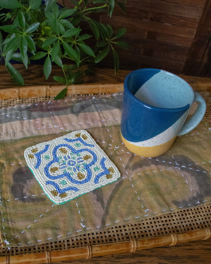 Coaster, Bisque, Beaded Flower Pattern White