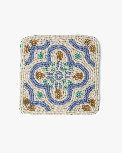Coaster, Bisque, Beaded Flower Pattern White