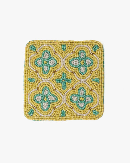 Coaster, Bisque, Beaded Flower Pattern Yellow