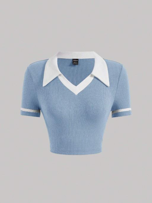 CONTRAST COLLAR CONTRAST BINDING CROP TEE