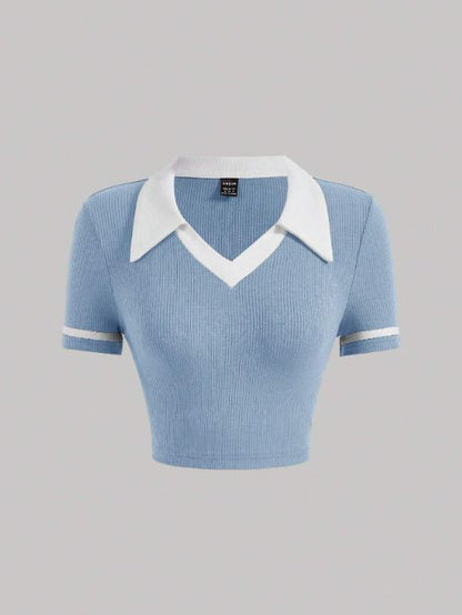 CONTRAST COLLAR CONTRAST BINDING CROP TEE