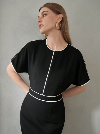 CONTRAST PIPING BATWING SLEEVE DRESS