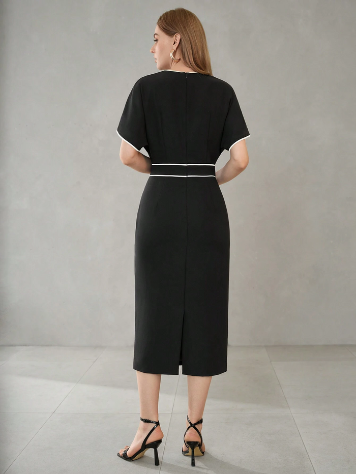 CONTRAST PIPING BATWING SLEEVE DRESS