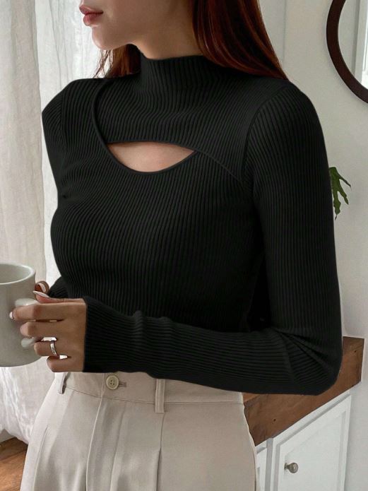 CUT OUT MOCK NECK RIBBED KNIT TEE