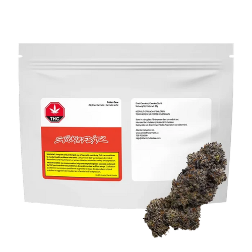 Front view of the white pouch with a red label and a cannabis bud beside it, showing the "Frisian Dew" branding.