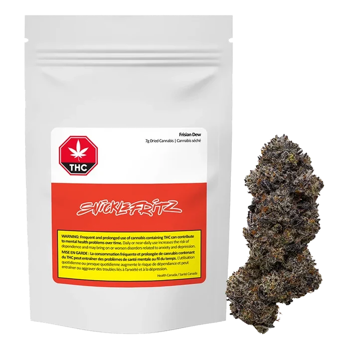 White pouch packaging photographed front-on next to a single dense purple-tinged bud, labeled "Frisian Dew."