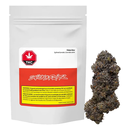 White pouch packaging photographed front-on next to a single dense purple-tinged bud, labeled "Frisian Dew."